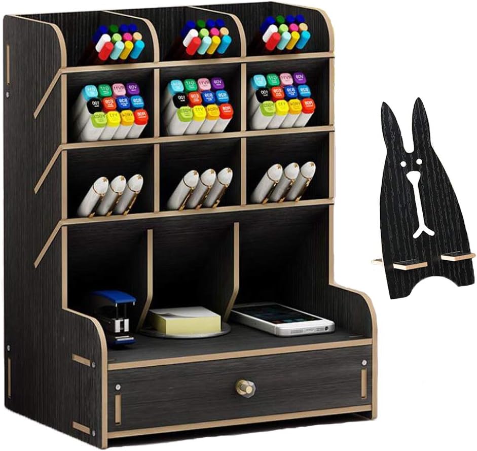Marbrasse Wooden Desk Stationary Organizer, Multi-Functional Pen Holder, Storage Rack for School Home Office Art Supplie (B16-Cherry Color)