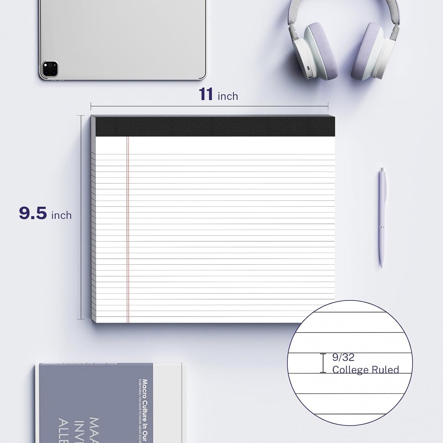 5 Pack Wide Legal Pads 11" x 9.5" Landscape Pink Purple Blue Green Yellow College Ruled Note Pad Narrow Ruled 30 Sheets per Notepad Perforated Writing Paper Thick Backboard Horizontal Pads of Paper