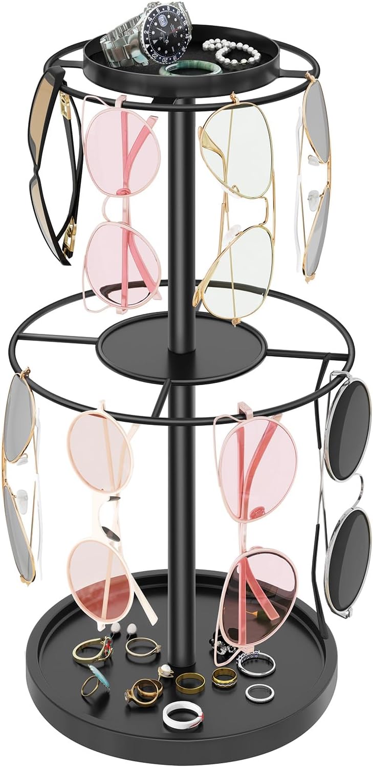 LSK Metal Sunglasses Organizer, Glasses Holder Stand with Storage Tray, Eyeglasses Holder with Anti-Slip Pads for Tabletop, Desk, Dresser, Matte Black