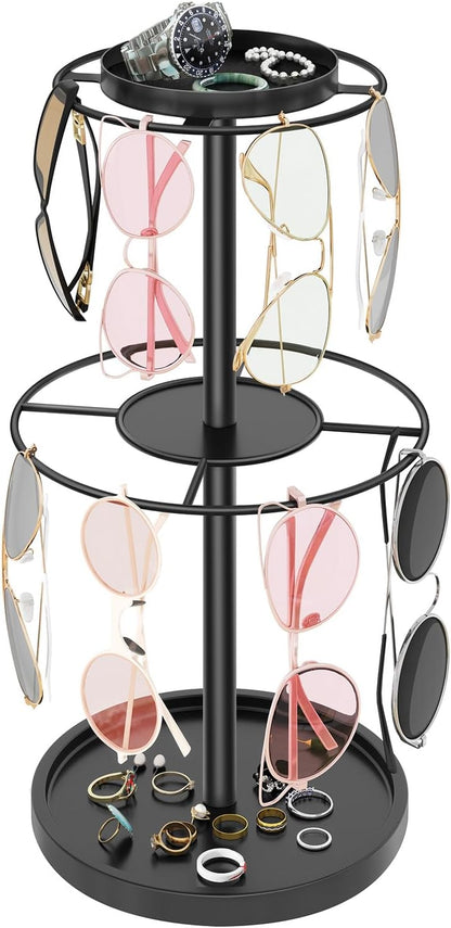 LSK Metal Sunglasses Organizer, Glasses Holder Stand with Storage Tray, Eyeglasses Holder with Anti-Slip Pads for Tabletop, Desk, Dresser, Matte Black