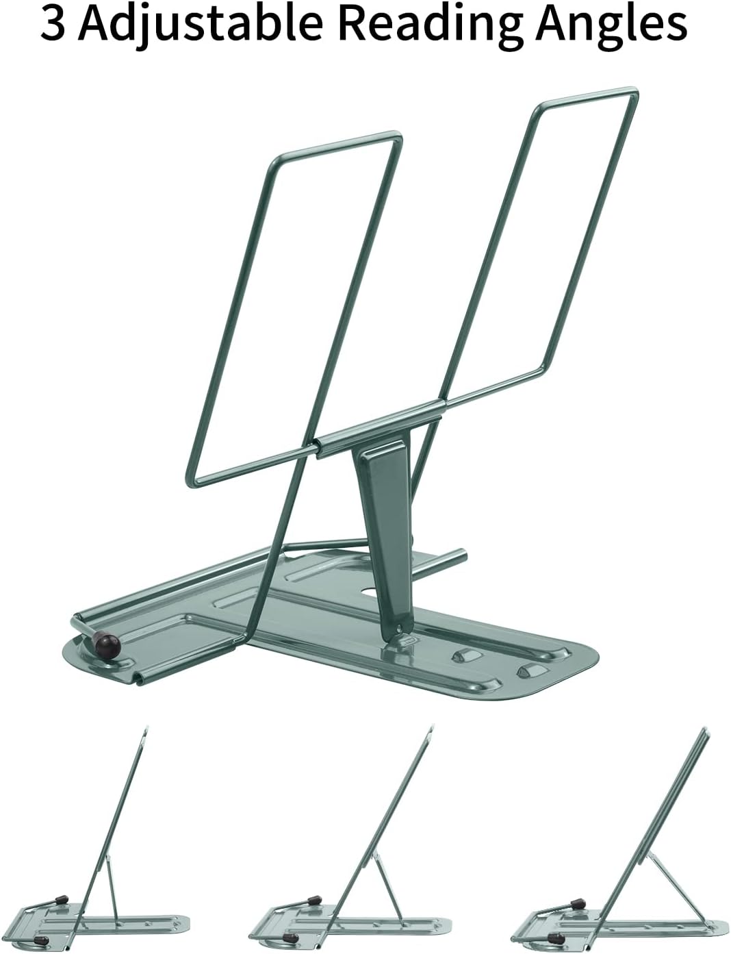 Metal Book Stand for Desk, Adjustable Reading Rest Book Holder, Portable Cookbook Documents Holder, Sturdy Typing Stand for Recipes Textbooks Tablet Music Books with Page Clips (Green)
