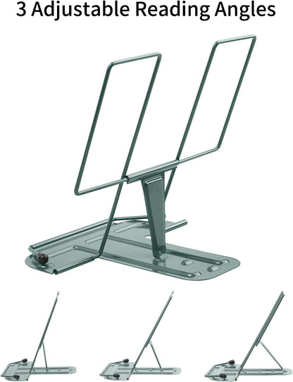 Metal Book Stand for Desk, Adjustable Reading Rest Book Holder, Portable Cookbook Documents Holder, Sturdy Typing Stand for Recipes Textbooks Tablet Music Books with Page Clips (Green)