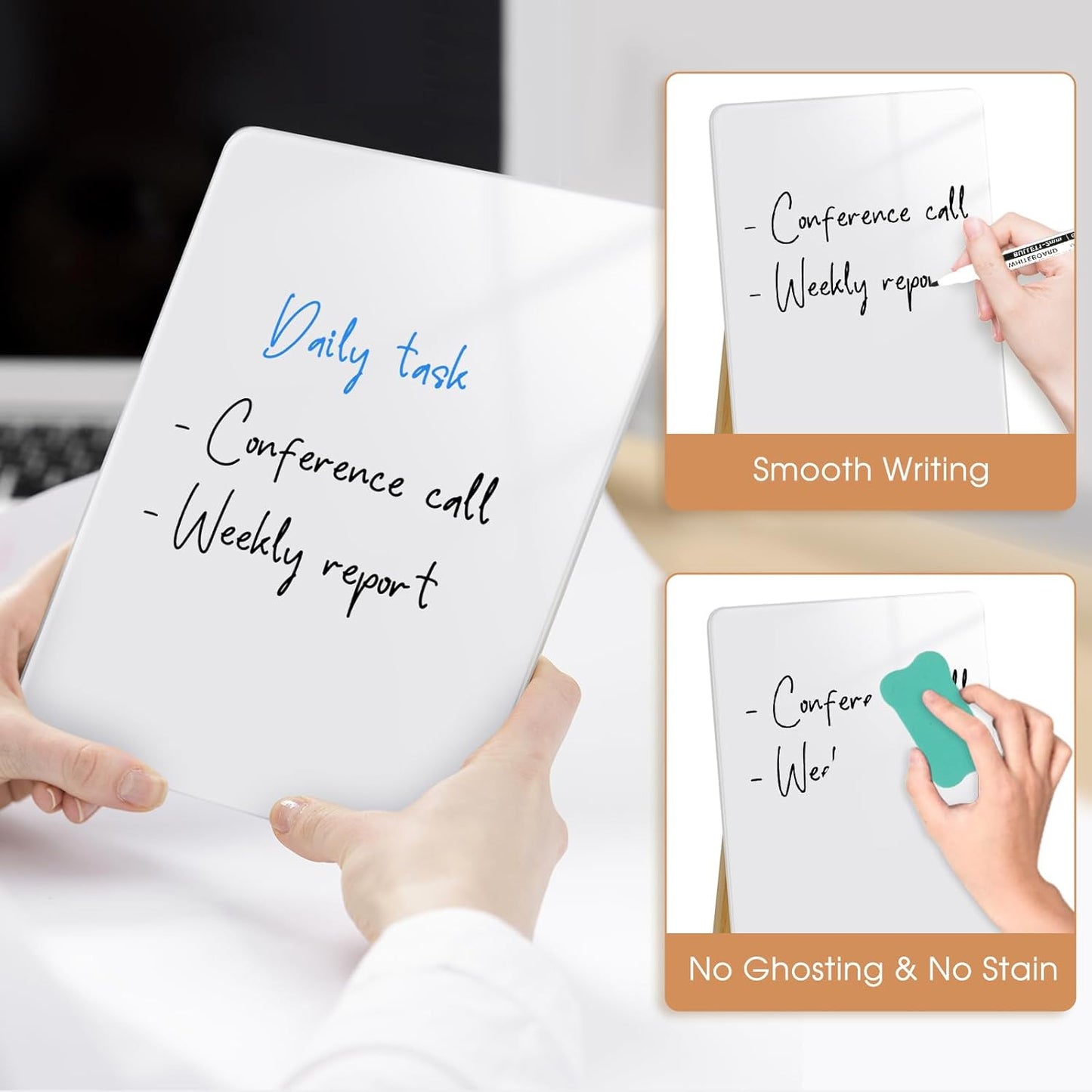 Desktop Glass Dry Erase Board, Small Glass Whiteboard with Adjustable Wood Stand - Reusable Desk Notepad 11" x 8.2" for Home Office