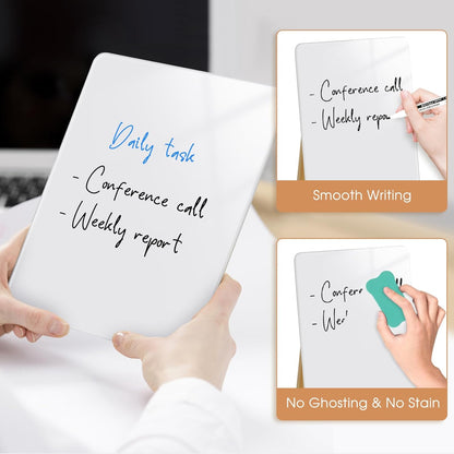 Desktop Glass Dry Erase Board, Small Glass Whiteboard with Adjustable Wood Stand - Reusable Desk Notepad 11" x 8.2" for Home Office