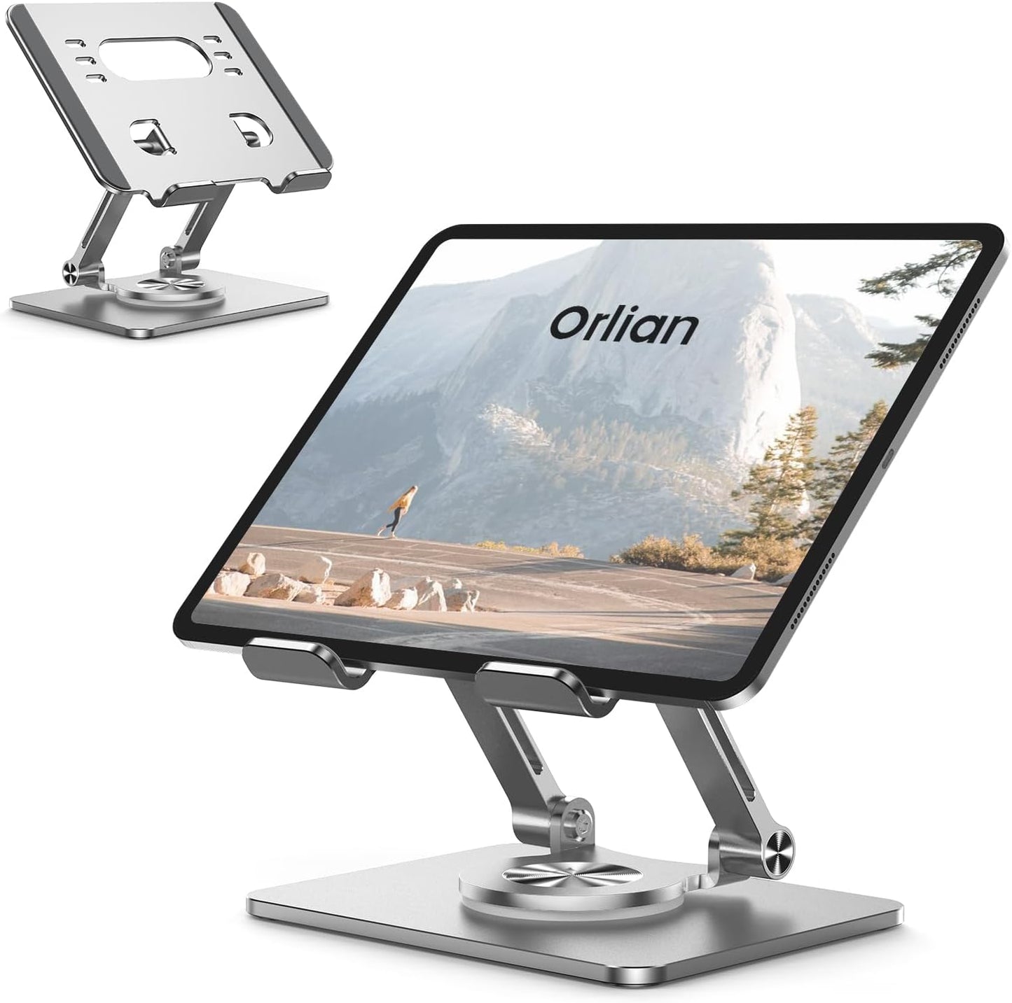 Orlian Tablet Stand Holder with Thickened 360°Rotating Base Dual Rod Adjustable Aluminum Stand for All 5.8-12.9” iPad Samsung Phone Tablet Kindle E-Reader and More, Black