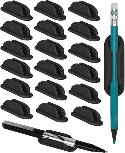 Tiizze 10 Pack Adhesive Pencil Holder for Desk, Silicone Pen Holder for Wall, Clipboard & Laptop with 15 Upgraded Sticky Pads, Rugged Grip Pencil Holders for Classroom Teacher Essentials (Black)