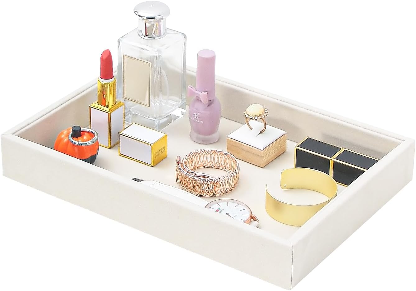 Bedside Organizer - Multi-use Holder for Desk Drawer, Nightstand, Desktop - Catchall Tray for Jewelry, Sunglasses, Phone, Watch, Perfume, Lipstick (Beige 5Grid)