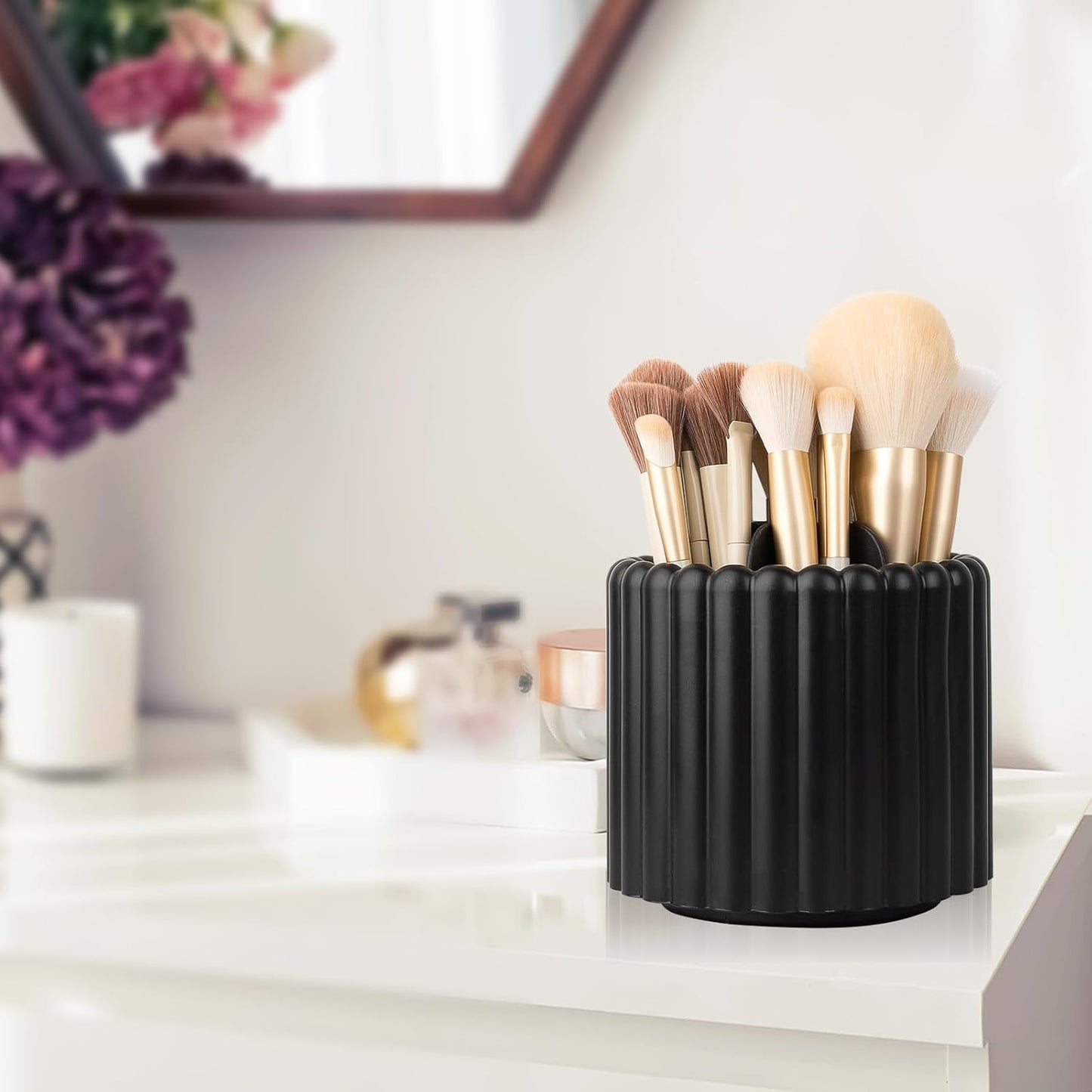 Anyoifax 360 Rotating Makeup Brush Holder 7 Slots Make Up Brush Organizer Removable Spinning Cosmetic Brushes Storage Pen Holder for Vanity, Dresser, Desk, White