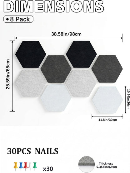 8 Pack Hexagon Felt Bulletin Board Tiles - 12" Large Thick Pin Board for Walls with 30 Push Pins, DIY Boards for Office Home School Decor, Aesthetic Hex Cork Board Alternative