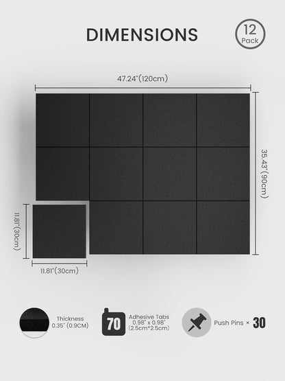 Bumusty Large Cork Board Alternative-48 x 36" Felt Bulletin Board Tiles, with 30 Pushpins, 70 Adhesive Tabs, Bold-Stripe 12-Pack, Cork Boards for Office Push Pin Board Felt Board-Carbon Blue