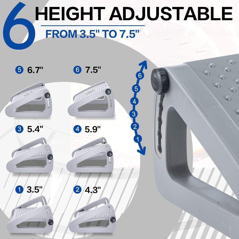 Foot Rest for Under Desk at Work - Six Heights Adjustable Under Desk Footrest - Ergonomic Foot Stools for Under Office Desks - Desks Foot Rest with Massage Rollers - Leg Rest for Chair (Black)