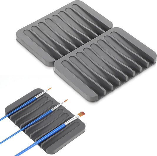 2 Pcs Watercolor Brush Holder, Paint Brush Holder for Artist Silicone Paintbrush Organizer Rinse Cleaner Brushes Stand with 8 Slots for Oil Acrylic Watercolor Painting Gray