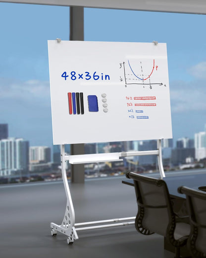 40 x 28 inch Mobile Magnetic Glass Whiteboard, Double-Sided Board with Felt Back and Storage for Office & Classroom, White