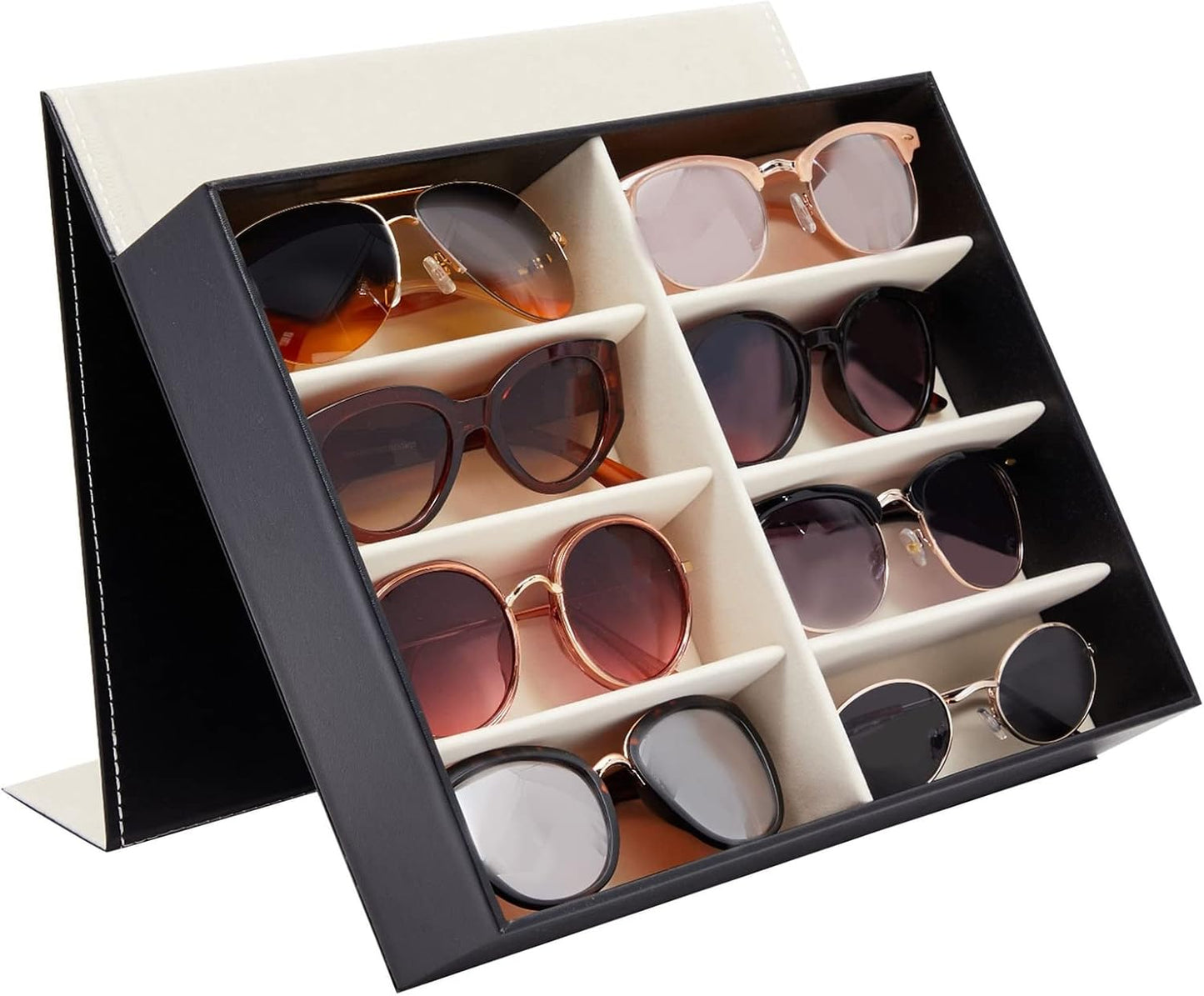 Juvale Glasses Case Organizer - 8-Slot, 12.6 x 9.8 x 2.5 in, Black Faux Leather - Sunglasses Storage & Holder for Nightstand & Desk - Flip-Top Display Case
