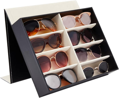 Juvale Glasses Case Organizer - 8-Slot, 12.6 x 9.8 x 2.5 in, Black Faux Leather - Sunglasses Storage & Holder for Nightstand & Desk - Flip-Top Display Case