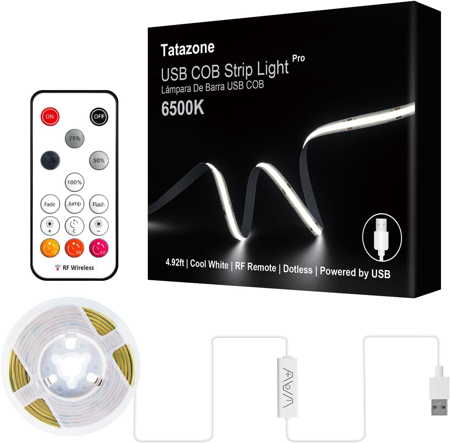 Tatazone 5V USB COB Led Strip Light with RF Remote, 4.92ft 6500K CRI93+ USB Powered COB Led Light Strip, Dimmable Indoor COB Led Light for Cabinet, TV, Camping, Monitor, Showcase, Motorhome