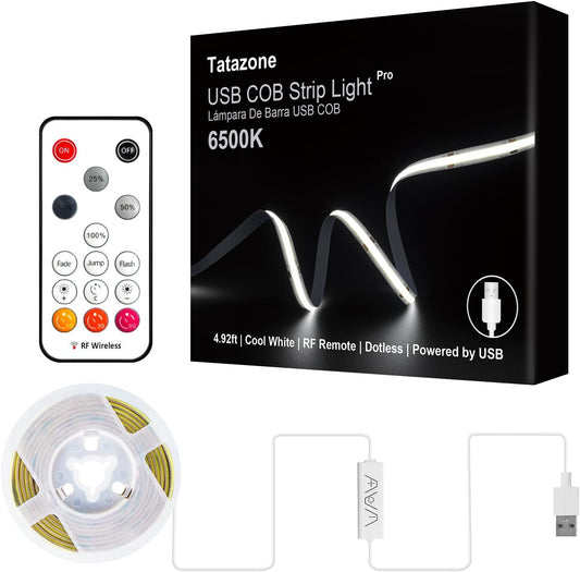 Tatazone 5V USB COB Led Strip Light with RF Remote, 4.92ft 6500K CRI93+ USB Powered COB Led Light Strip, Dimmable Indoor COB Led Light for Cabinet, TV, Camping, Monitor, Showcase, Motorhome