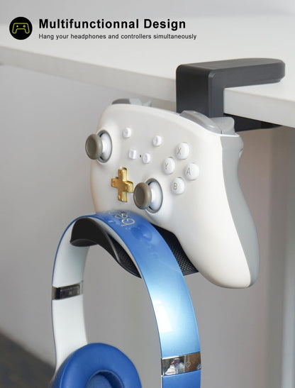 Headphone Holder Hanger Upgraded with Rotating & Adjustable Clamp for Controller & Headphones, Headset Stand Under Desk Hook Mount Built in Cable Clip