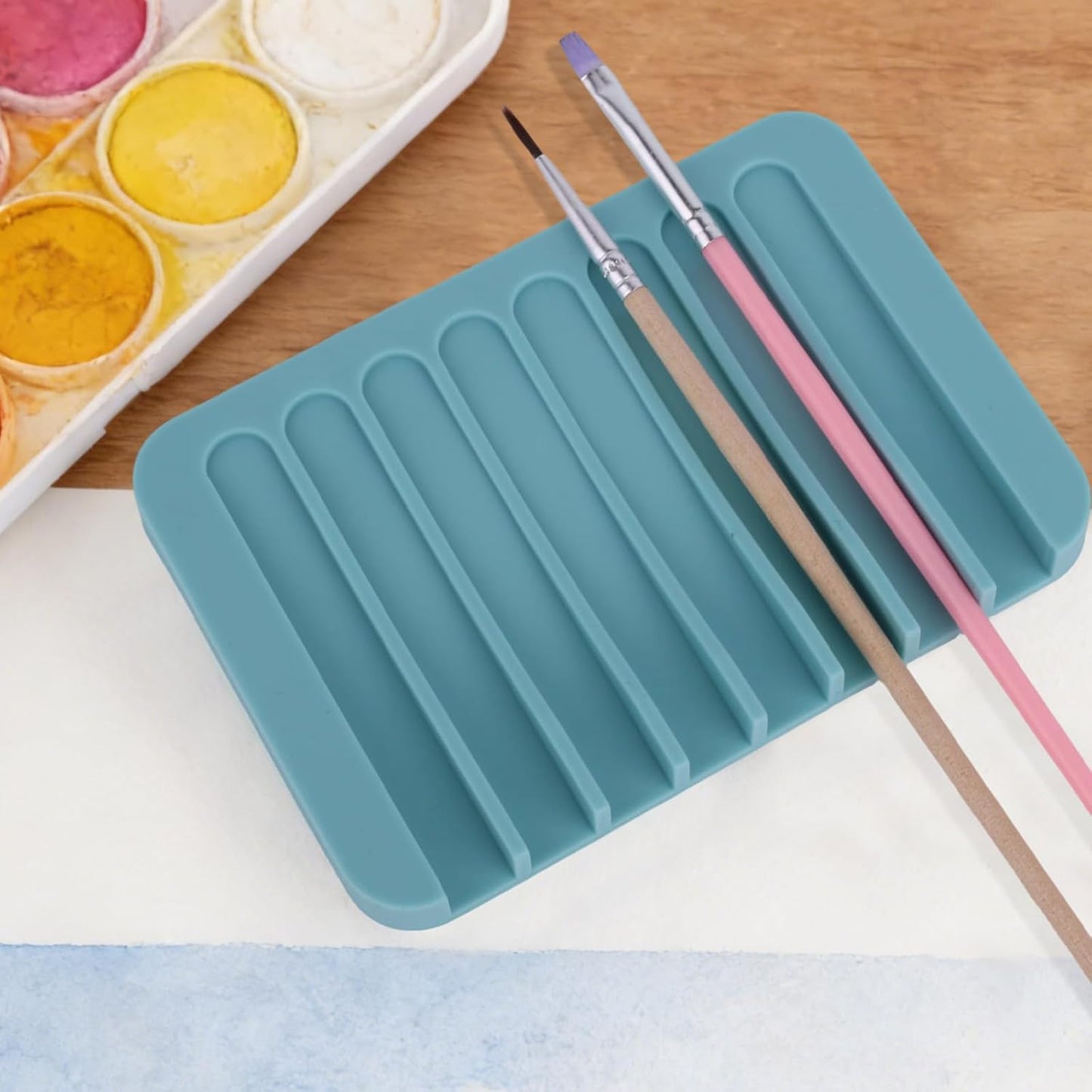 Penitue 2pcs Paint Brush Holders, Silicone Washable Paint Brush Organizer Stand with 8 Slots Paintbrush Rinse Holder for Oil Acrylic Watercolor Painting (Transparent & Blue)