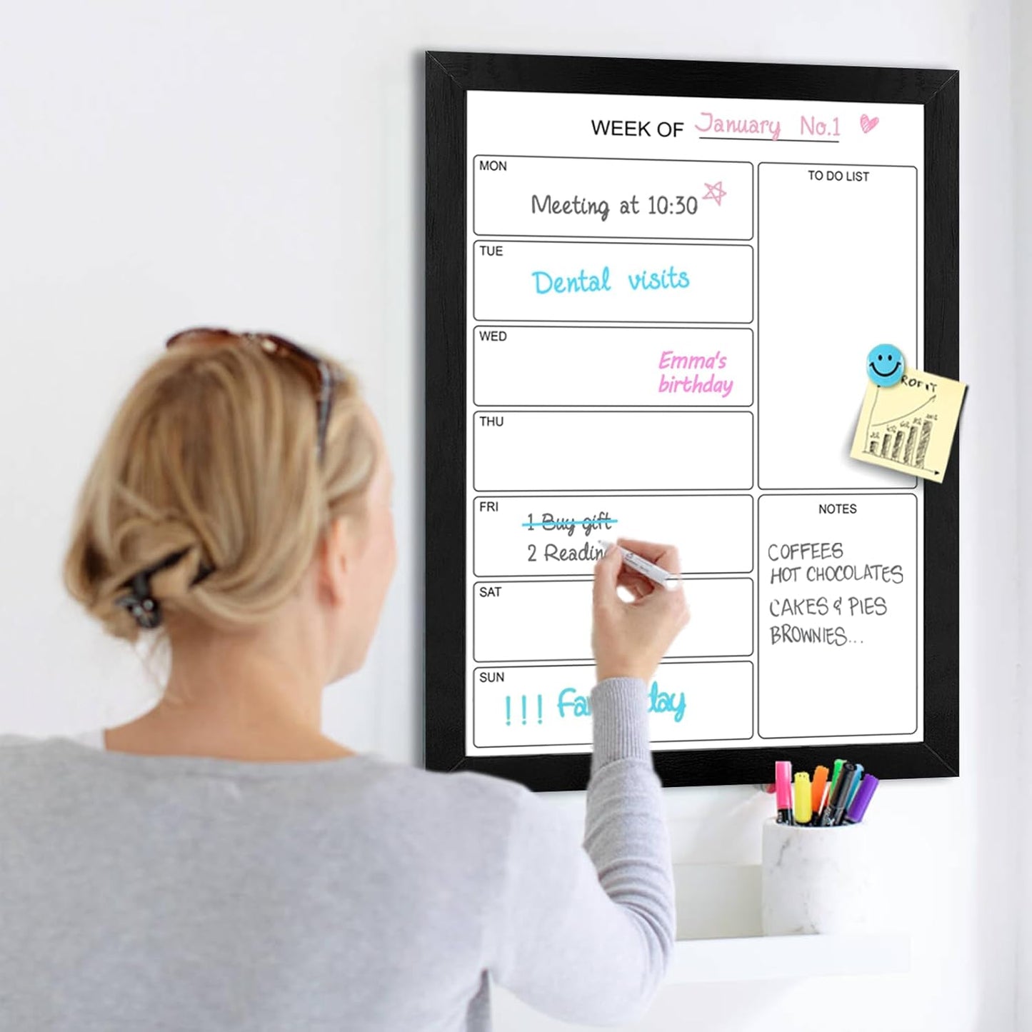 Weekly Dry Erase Whiteboard Calendar, 15.7"x11.8" Magnetic Surface Memo Board, Minimal Design Weekly Planner for Wall, Black Wood Frame Dry Erase Board for Office School Home(ZLBB-S-BK-3040)