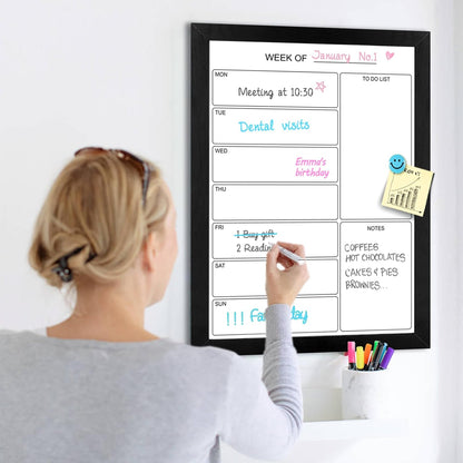 Weekly Dry Erase Whiteboard Calendar, 15.7"x11.8" Magnetic Surface Memo Board, Minimal Design Weekly Planner for Wall, Black Wood Frame Dry Erase Board for Office School Home(ZLBB-S-BK-3040)