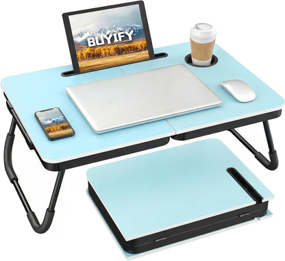 BUYIFY Foldable Laptop Bed Desk for Couch, Sofa - Large Lap Desk Tray Table with Cup Holder and Tablet Slot - Portable Notebook Stand for Eating, Writing, Studying and WFH -NEW-006-USA Original Patent