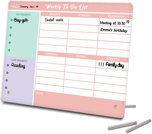 Desktop Thickened Acrylic Dry Erase Weekly To Do List, 11.8"x9.8" Colorful Whiteboard with Stand, Frameless Weekly Planner for Office/School/Home, Daily To Do List for Work and Personal Organized(2530,1p)