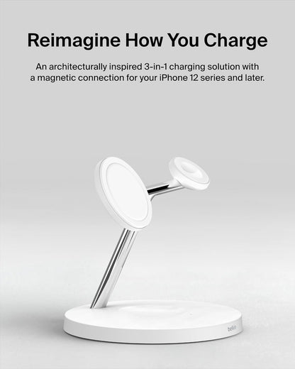 Belkin MagSafe-Compatible iPhone Charger, 3-in-1 Wireless Charging Station, Qi2-Certified 15W Wireless Charge for Apple iPhone 17 Series, Apple Watch, AirPods w/Non-Slip Base, 40W Included - Black