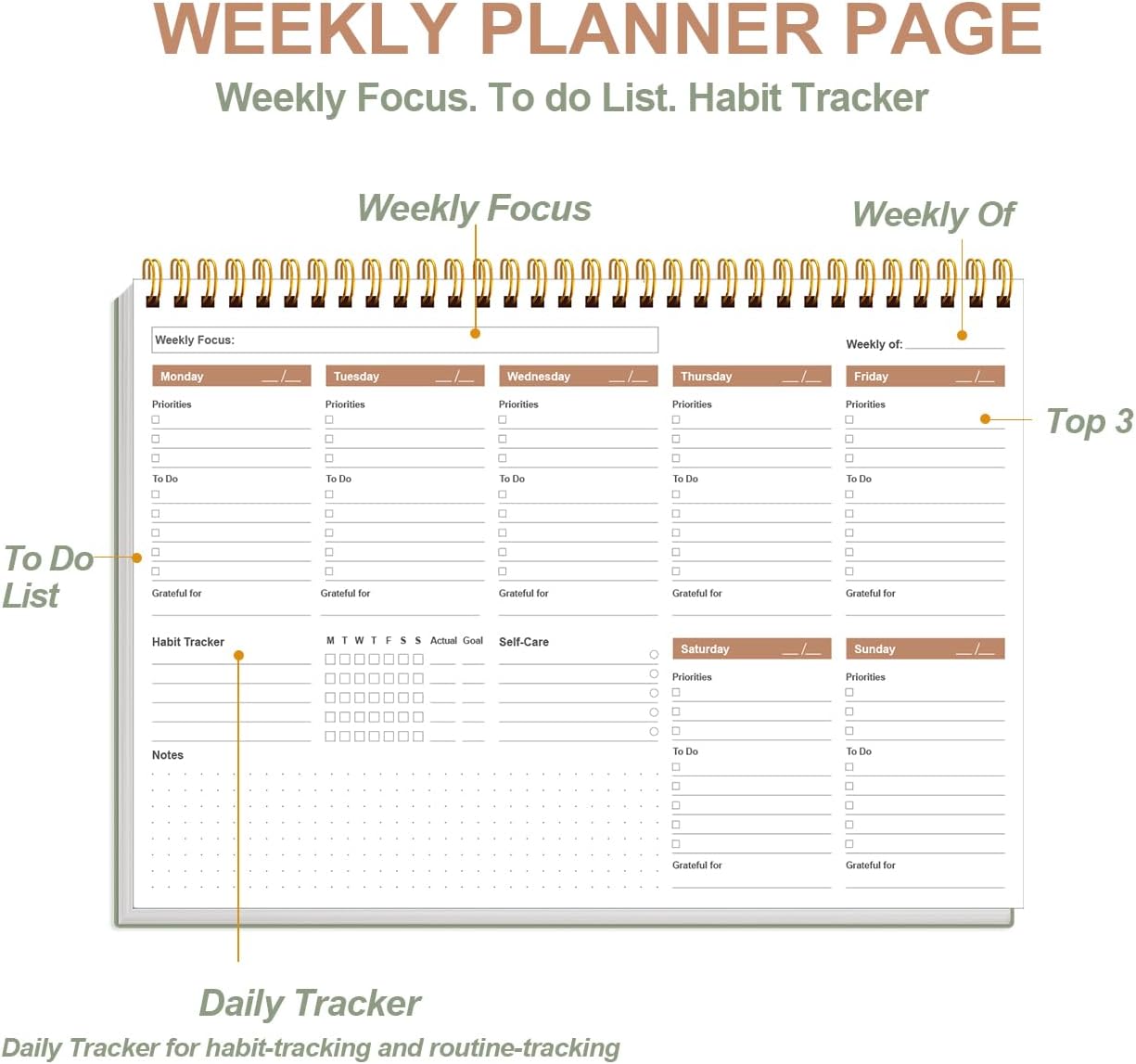 Weekly Productivity Planner - 8" x 11" Dashboard Desk Pad/Planner, Habit Tracker, Spiral Undated Weekly Planner for Office/School/Home, 54 Weeks, Black
