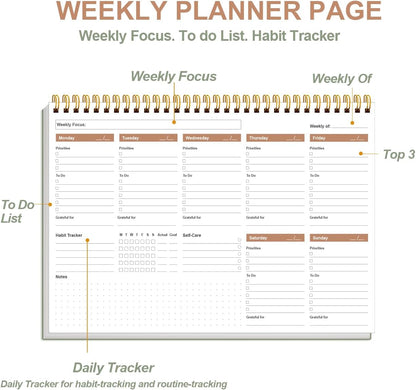 Weekly Productivity Planner - 8" x 11" Dashboard Desk Pad/Planner, Habit Tracker, Spiral Undated Weekly Planner for Office/School/Home, 54 Weeks, Black