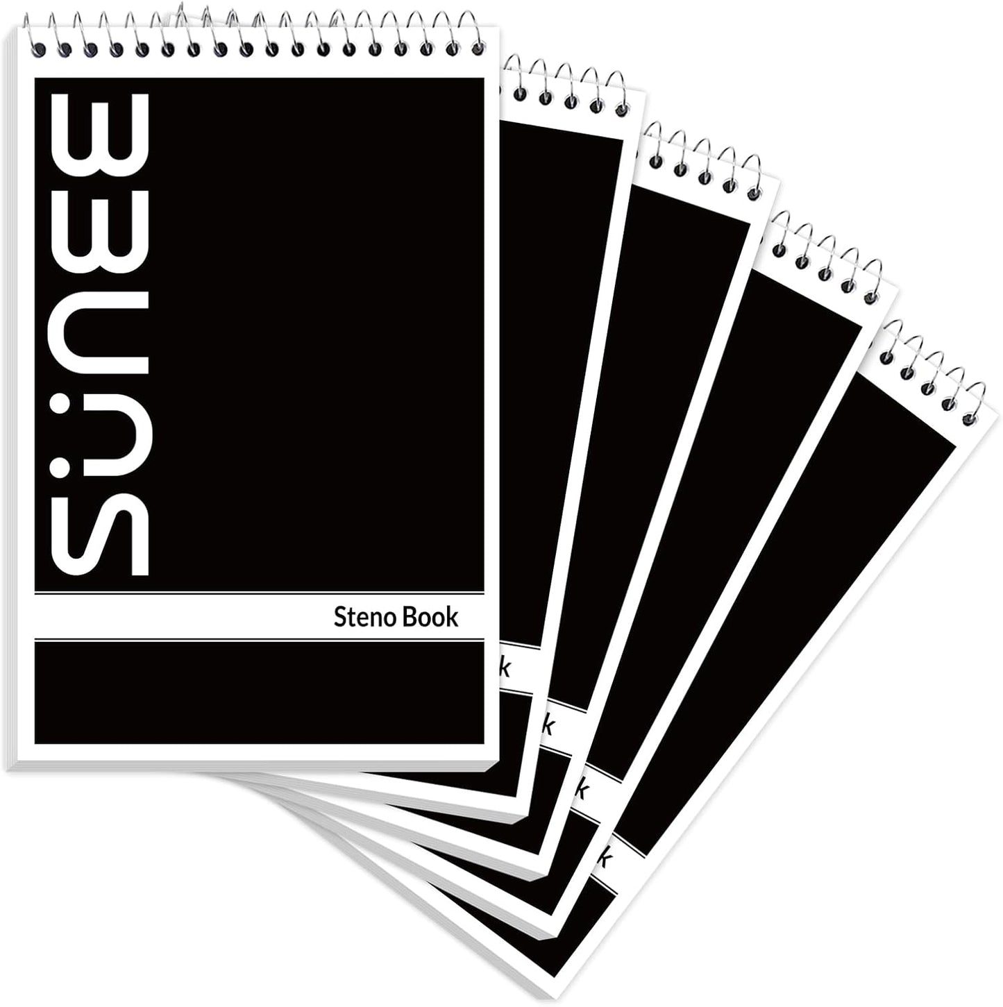 SUNEE 5 Pack Steno Pads 6x9, Gregg Rule, 60 Sheets, Spiral Notebook 6x9, White Paper, Take Notes with Top Spiral Notebook, for School, University, College, Work, Office, Black
