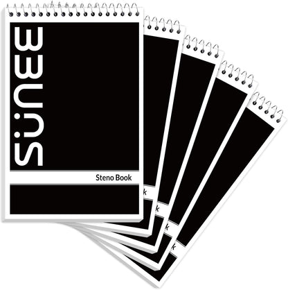 SUNEE 5 Pack Steno Pads 6x9, Gregg Rule, 60 Sheets, Spiral Notebook 6x9, White Paper, Take Notes with Top Spiral Notebook, for School, University, College, Work, Office, Black