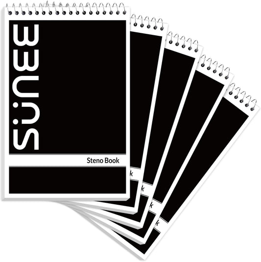 SUNEE 5 Pack Steno Pads 6x9, Gregg Rule, 60 Sheets, Spiral Notebook 6x9, White Paper, Take Notes with Top Spiral Notebook, for School, University, College, Work, Office, Black
