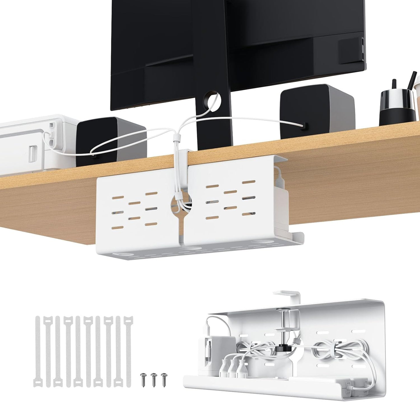 KEEGH 16" Under Desk Cable Management Tray, No Drill Clamp Mount, Desk Cord Organizer Upgrade Capacity, Cord Management Tray for Home Office, Gaming Desk, Standing Desk, Black, 2 Pack