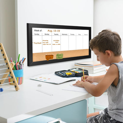 Magnetic Weekly Dry Erase White Board and Cork Board, Black Wood Frame，Magnetic Surface Whiteboard for Home Office and Wall Decor(ZHZL-2040BK)