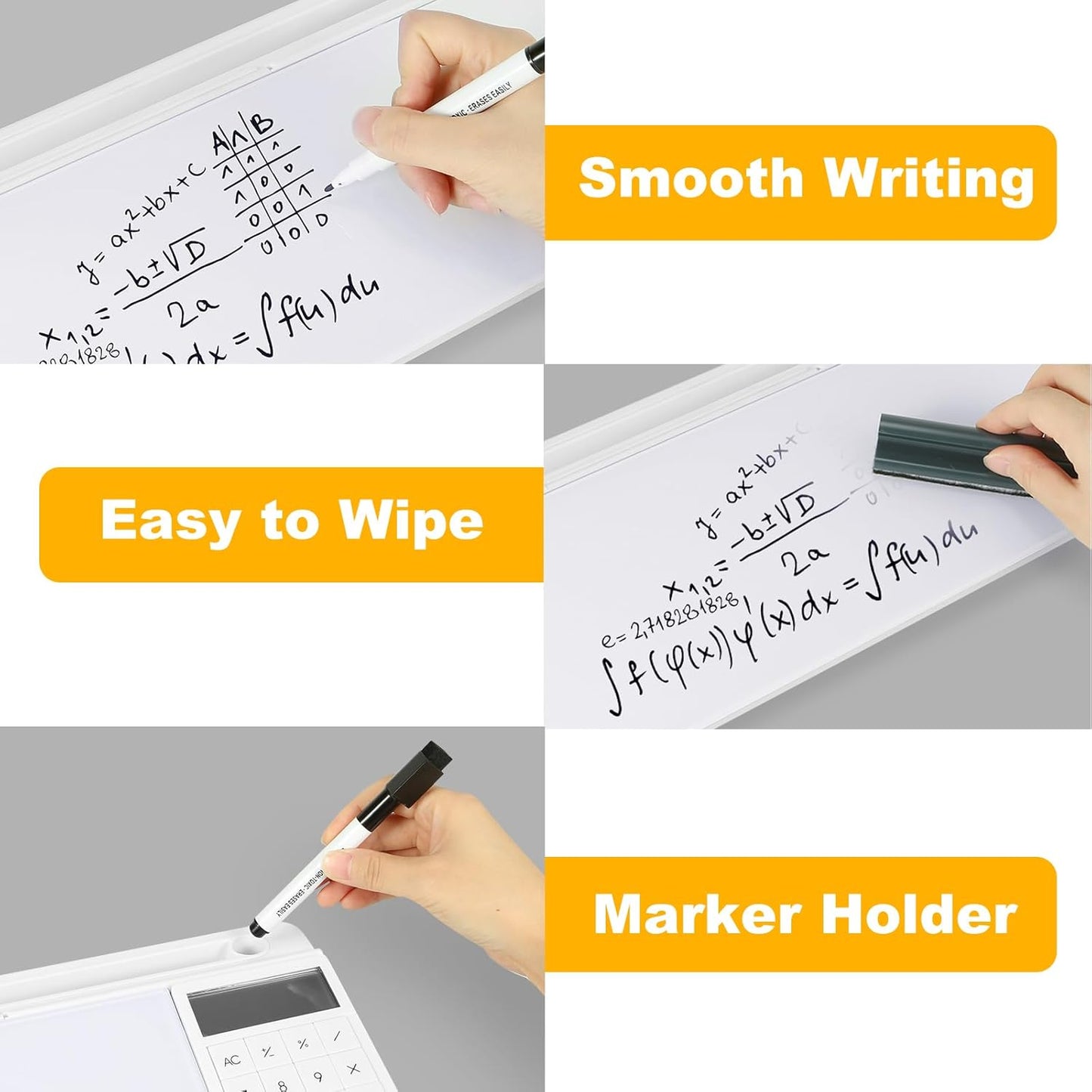 Small Glass Desktop Whiteboard Dry Erase Board with Calculator - Desktop White Board Storage Memo Notepad Computer Keyboard Stand Organizers with Accessories Markers, Eraser for Office, Home, School