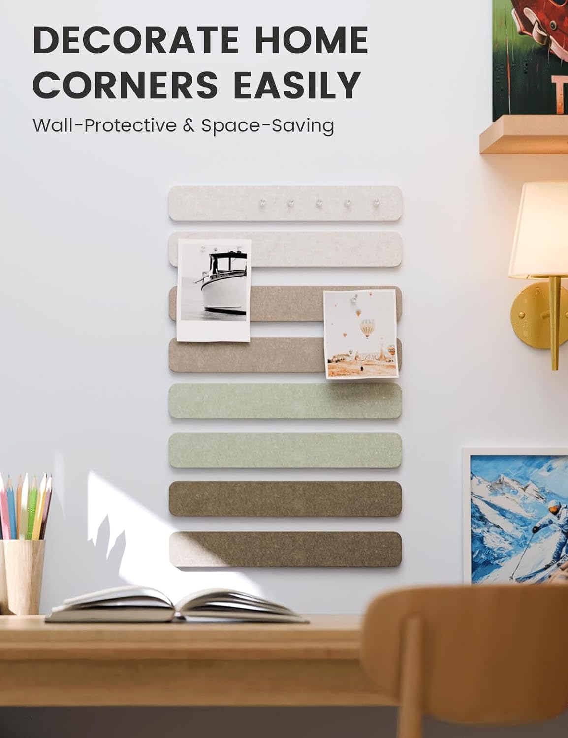 Fluxynara Cork Board Alternative Felt Strip Board 8-Pack 13"x2", Office Pin Board with 50 Push Pins, Adhesive Install for Bedroom Door & Home Office(Linen Dusk)