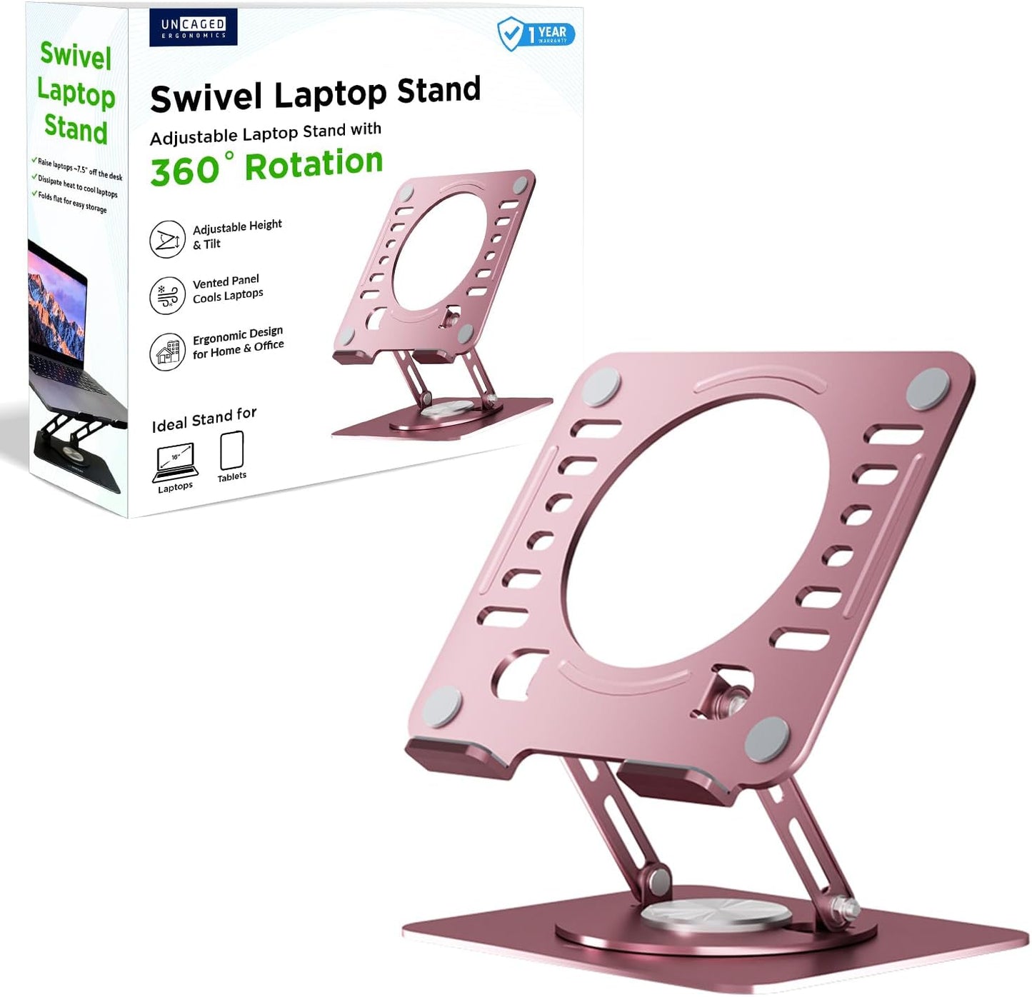 Uncaged Ergonomics Swivel Laptop Stand for Desk, Adjustable Computer iPad Stand for Desk w/ 360 Rotation, Portable Laptop Holder for Home Office Ergonomic Supplies