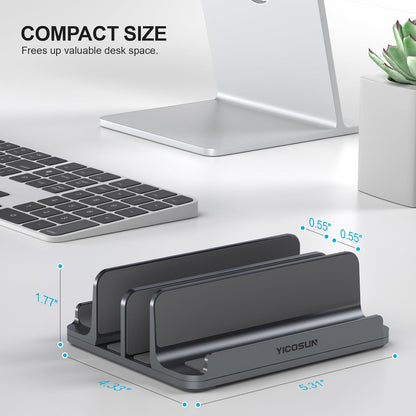 YICOSUN Dual-Slot Aluminum Vertical Laptop Stand for Desk - Adjustable Width Dock for MacBook, Surface, Samsung, HP, Dell up to 17.3 inches - Space-Saving & Protective Design - Gray