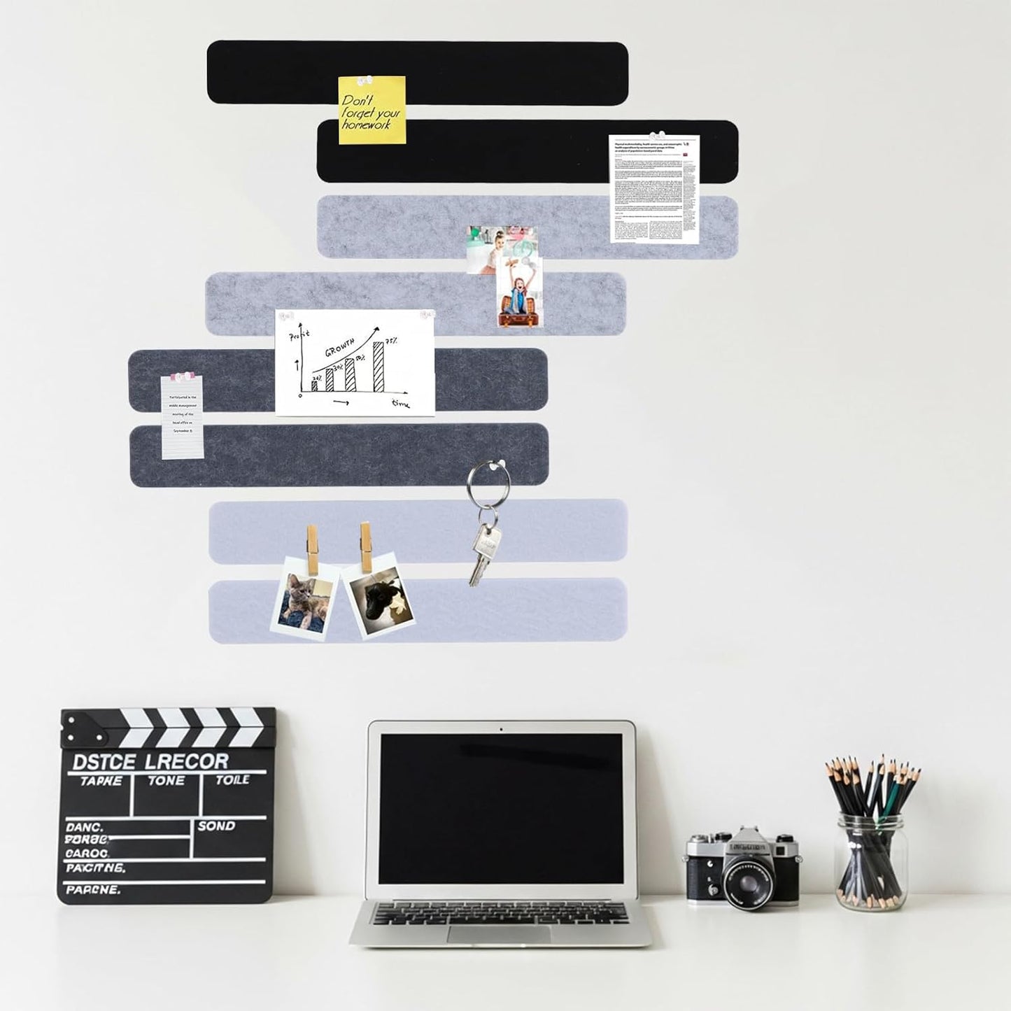 Vuzvuv 8 pcs Bulletin Board Bar Strips with 50 Pushpins & 10 Wooden Clip pins，Self Adhesive Cork Board for Wall，Felt Pin Board for School，Office Decor（Black White Grey）
