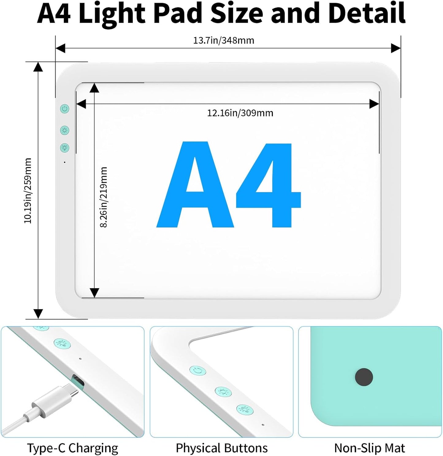 TOHETO A4 Rechargeable Led Super Bright Light Pad Powered by 3500mAh Lithium Battery for Weeding Vinyl Tool, Portable Wireless Light Board/Box for Tracing, Diamond Painting, Sketching & Drawing