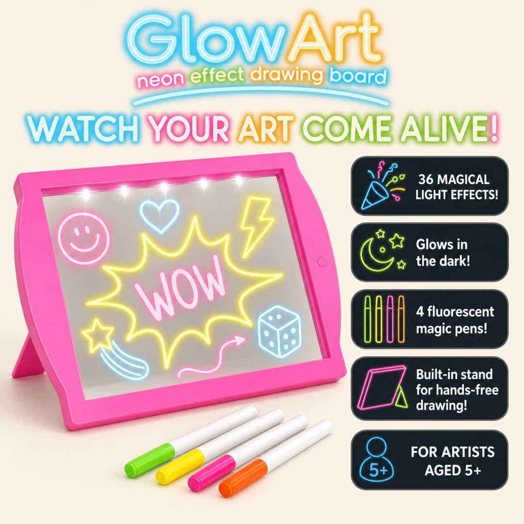 Marvin's Magic Glow Art Neon LED Drawing Board for Kids - Pink Doodle Board with Glow in the Dark Markers - Light Up Tracing Pad and Drawing Tablet - Mess Free Arts and Crafts Set Ages 5+