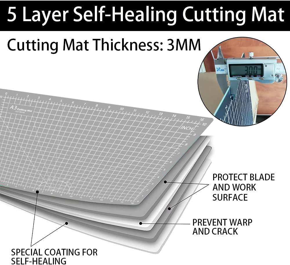 HEADLEY TOOLS 18" x 24" Thickened Self Healing Cutting Mat, A2 Rotary Cutting Sewing Mat for Crafts, Double Sided 5-Ply Table Cutting Board for Fabric Quilting Leather Arts Hobby Project, Grey/Black