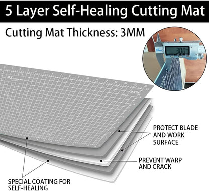 HEADLEY TOOLS 18" x 24" Thickened Self Healing Cutting Mat, A2 Rotary Cutting Sewing Mat for Crafts, Double Sided 5-Ply Table Cutting Board for Fabric Quilting Leather Arts Hobby Project, Grey/Black
