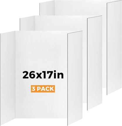 2 Pack Small Trifold Poster Board 26" x 17", White Corrugated Project Boards for Science Fairs, School Projects and Event Displays