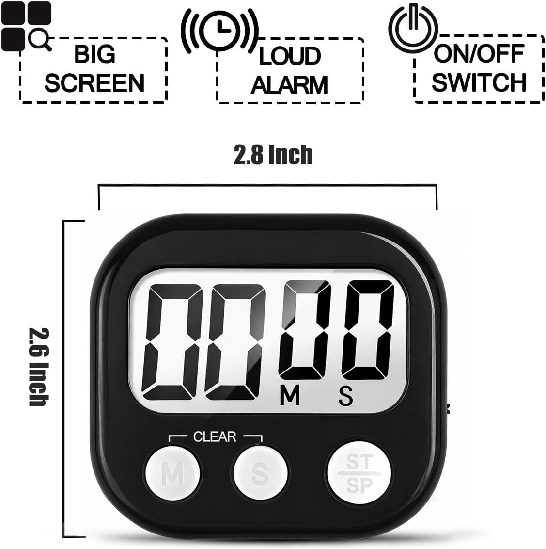 2 Pack Digital Kitchen Timer for Cooking Big Digits Loud Alarm Magnetic Backing Stand Cooking Timers for Baking White