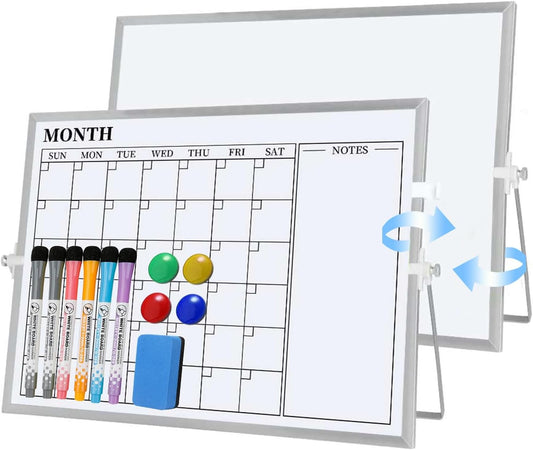 Dry Erase White Board, 16 x 12 inches Double-Sided Magnetic Monthly Dry Erase Whiteboard Calendar Planner with Stand, Portable Desktop Calendar Whiteboard for Kitchen, School, Home, Office