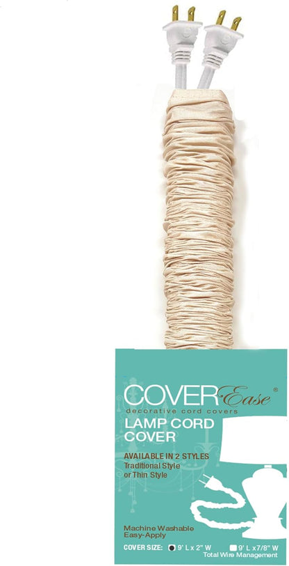 Cream COVEREase Lamp Cord Cover 9 ft Faux Silk Fabric Cover - Cable Sleeve, Wire Cover, Cord Hider for Cable Management for Electrical Lighting Fixtures. (1 PK)