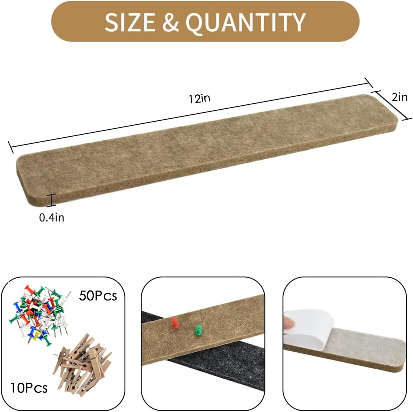 Vuzvuv 8 pcs Bulletin Board Bar Strips with 50 Pushpins & 10 Wooden Clip pins，Self Adhesive Cork Board for Wall，Felt Pin Board for School，Office Decor（Black White Grey）