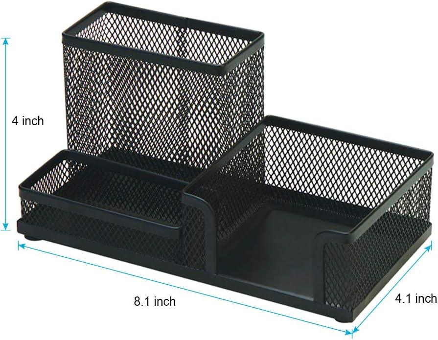2-Piece Desk Pen & Pencil Organizer - Mesh Metal Pen Cup with Sticky Notes Holder, Black | Pen Cup